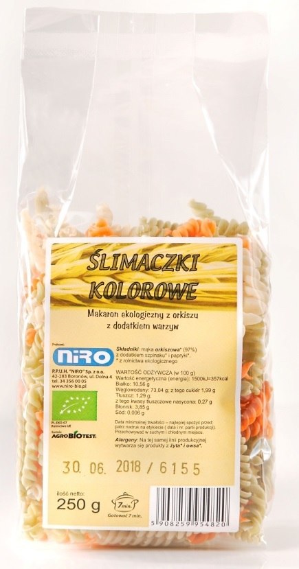 MAKARON (ORKISZOWY TRÓJKOLOROWY) ŚLIMACZKI BIO 250 g - NIRO