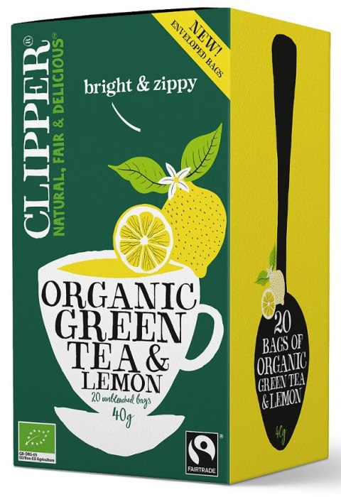 HERBATA ZIELONA Z CYTRYNĄ FAIR TRADE BIO 40 g (20 x 2 g) - CLIPPER