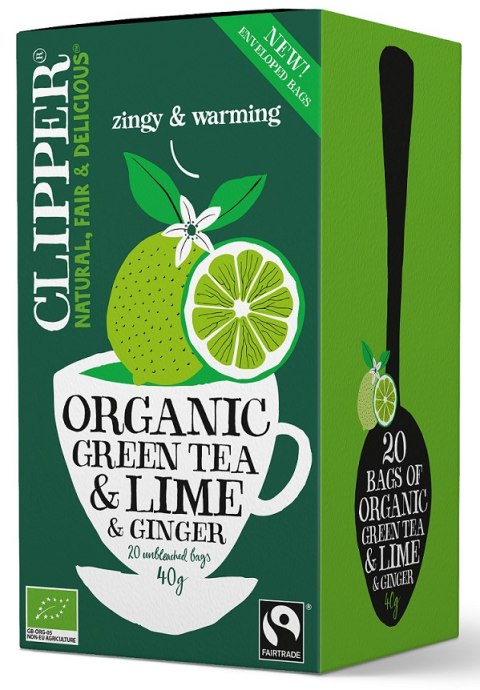 HERBATA ZIELONA Z LIMONKĄ I IMBIREM FAIR TRADE BIO 40 g (20 x 2 g) - CLIPPER