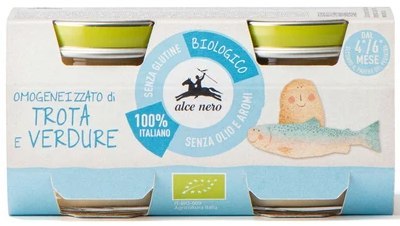 4 mc KREM Z PSTRĄGIEM I WARZYWAMI BEZGLUTENOWY BIO 160 g (2 x 80 g) - ALCE NERO