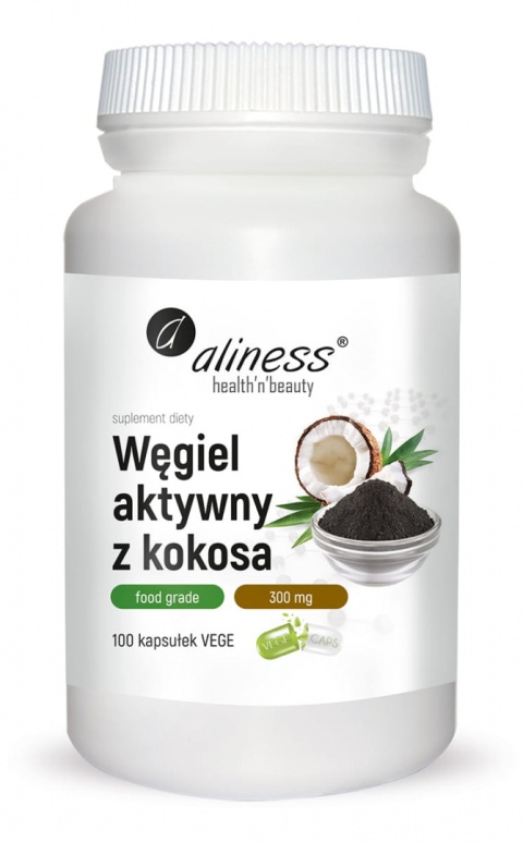 Węgiel aktywny z kokosa Food Grade 300 mg x 100 Vege caps. - Aliness
