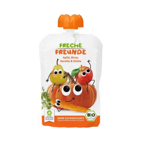 MUS JABŁKO - GRUSZKA - MARCHEW - DYNIA BEZ DODATKU CUKRÓW BEZGLUTENOWY PO 6 MIESIĄCU BIO 100 g - FRECHE FREUNDE