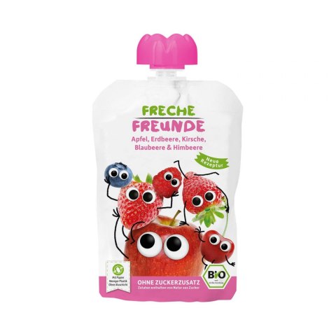MUS TRUSKAWKA - JAGODA - MALINA - JABŁKO - WIŚNIA BEZ DODATKU CUKRÓW BEZGLUTENOWY PO 6 MIESIĄCU BIO 100 g - FRECHE FREUNDE