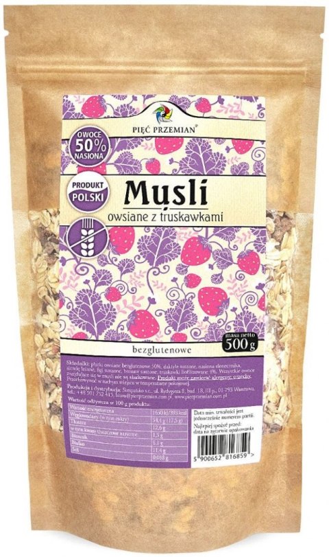 TERMIN 04/08/2026 MUSLI TRUSKAWKOWE BEZ DODATKU CUKRÓW BEZGLUTENOWE 500 g - PIĘĆ PRZEMIAN